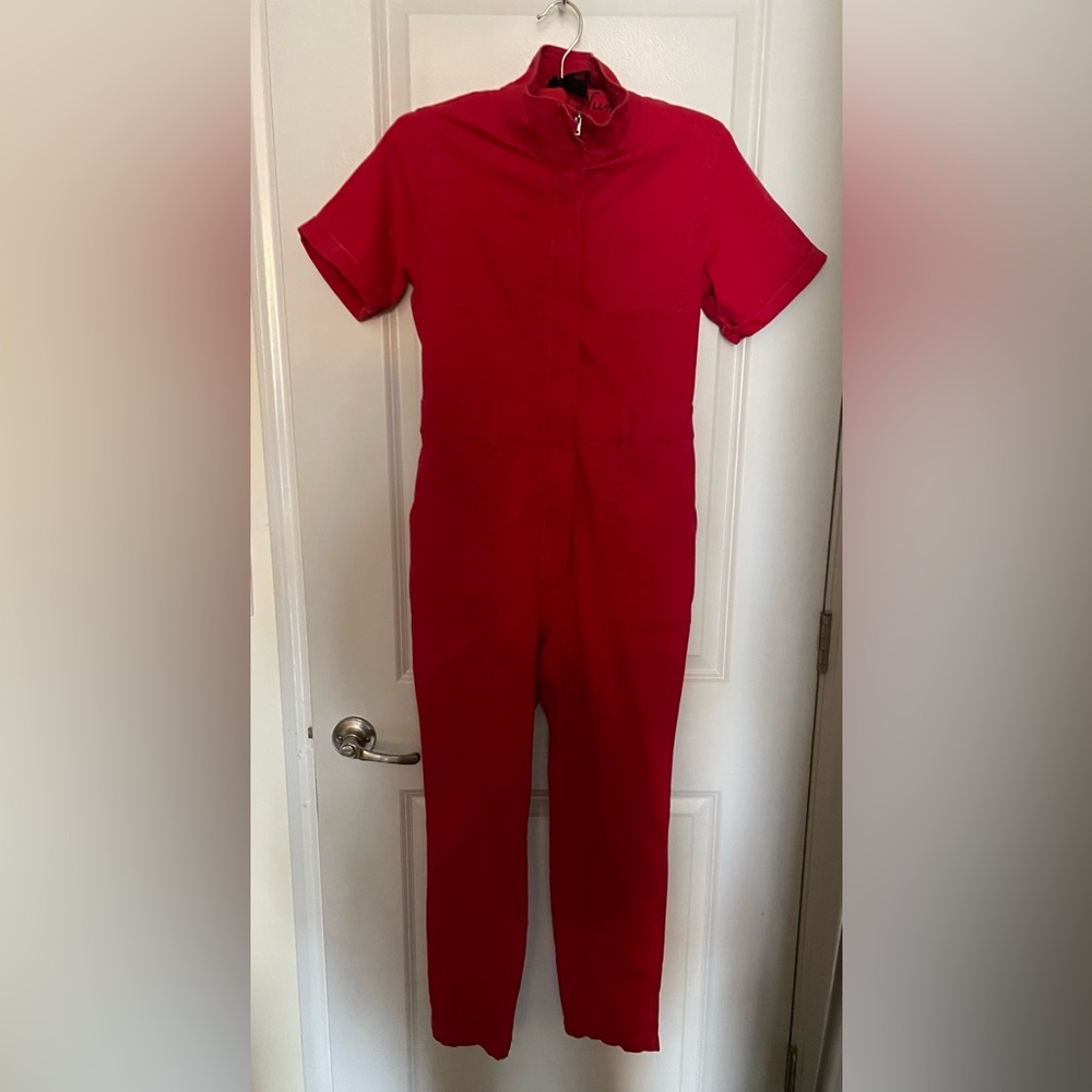 Red Short Sleeve Denim Jumpsuit Boiler Suit - Picture 2 of 11